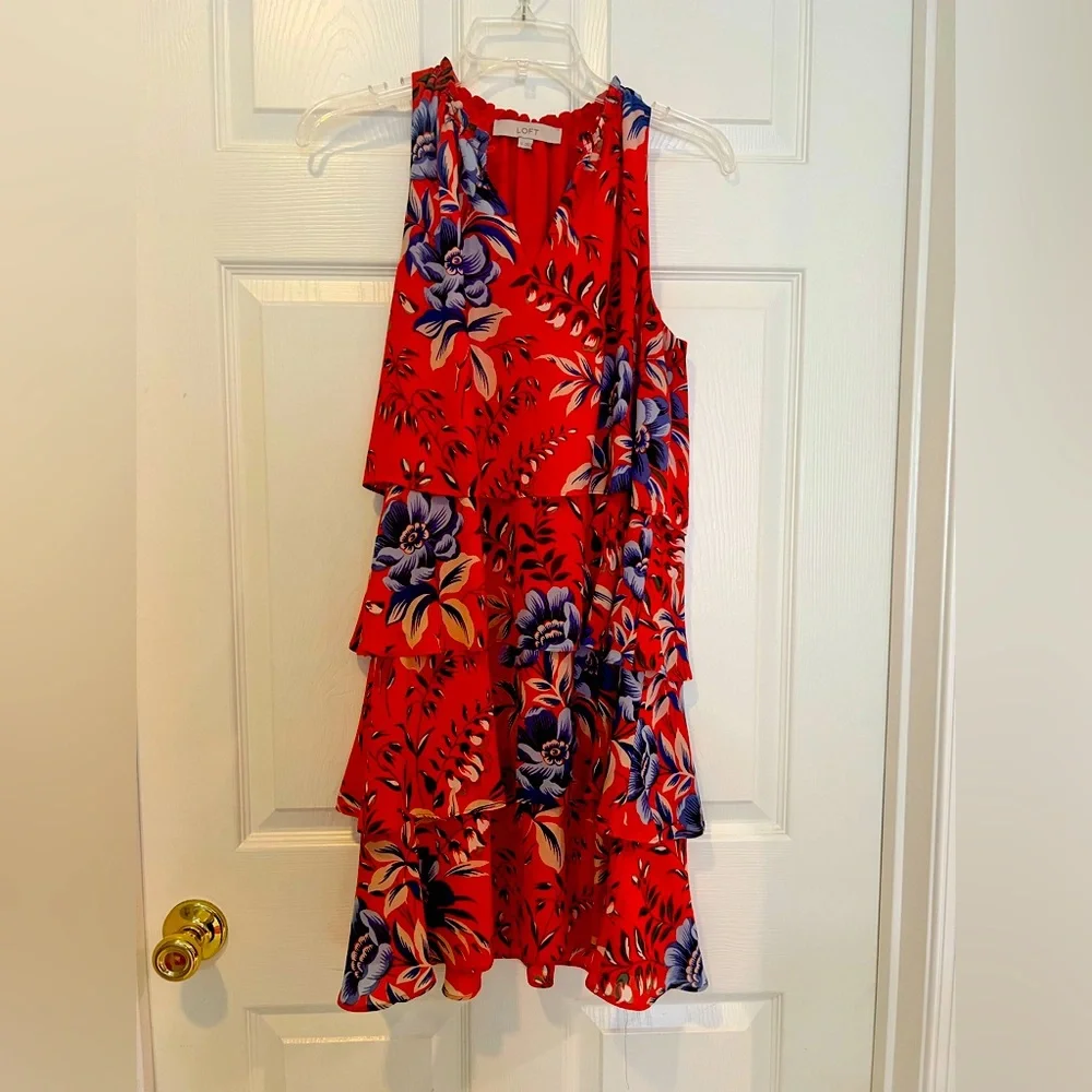 LOFT Floral Layered Tiered Orange and Blue Sleeveless Dress Size Medium